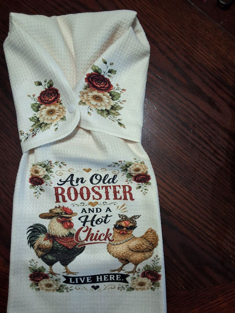 Off white Hand towel with snap A old rooster and a hot chick