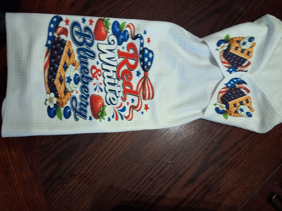 White Hand towel with snap Red,white & Blueberry