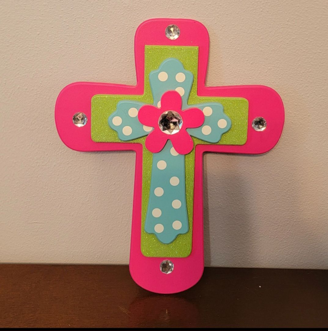 Pink/Green/Blue Cross Decor, 9.5" x 11.5"