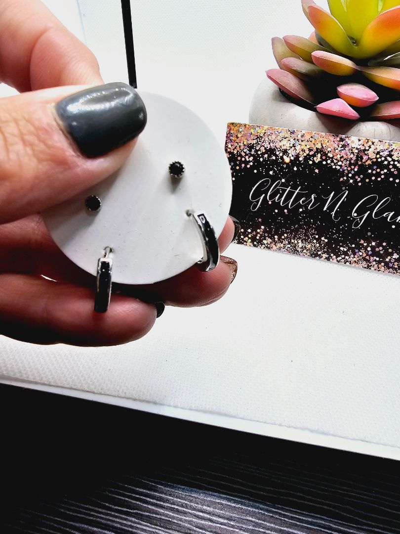 Black and silver Glitter N Glam 2286 Silver Hoops and Black Rhinestones stud Jewelry