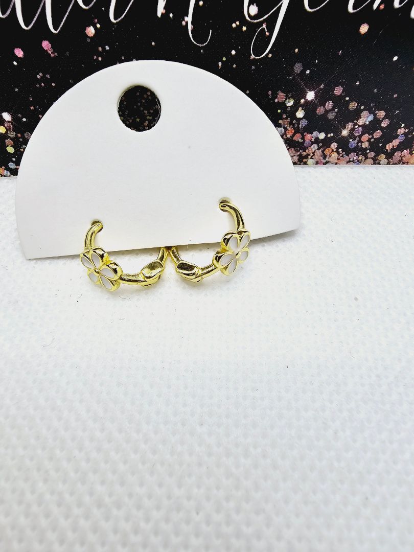 Gold and white Glitter n Glam 2372 Gold Huggie Hoops with White Flowers