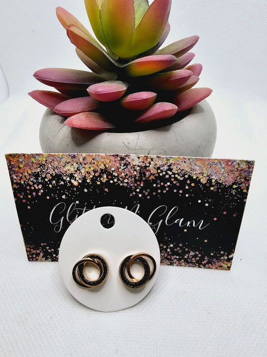 Black and Rosegold Glitter N Glam 2331 Rosegold Circles with Black Rhinestones Stud Earrings