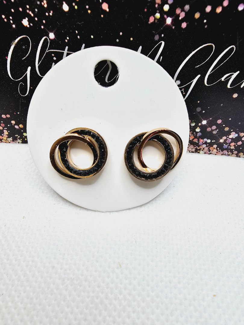 Black and Rosegold Glitter N Glam 2331 Rosegold Circles with Black Rhinestones Stud Earrings