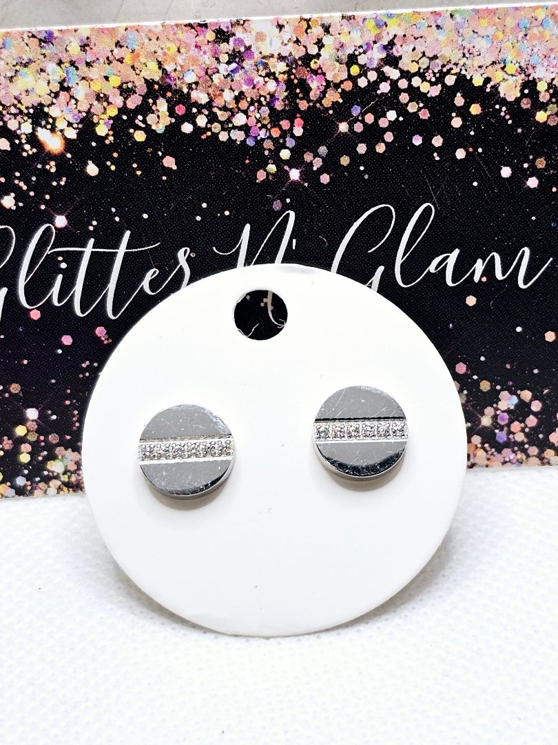 Silver Glitter N Glam 2543 Silver Stud Earrings with Bling Across the Middle