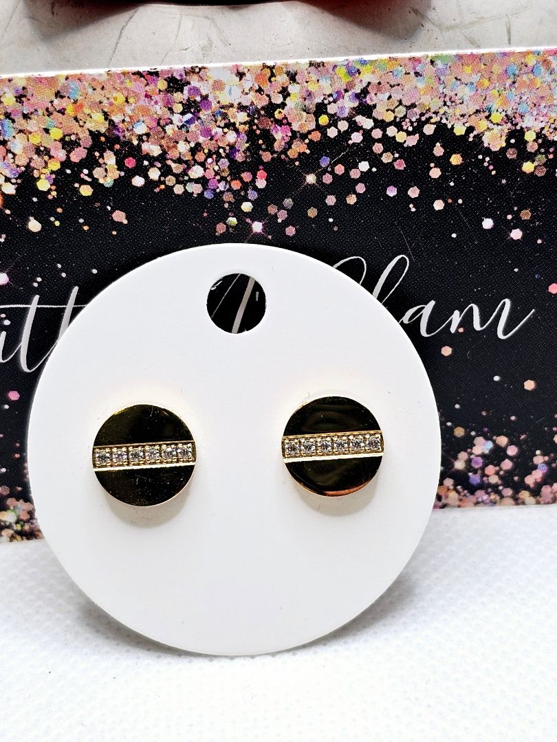 Gold Glitter N Glam 2544 Gold Stud Earrings with Bling Across the Middle