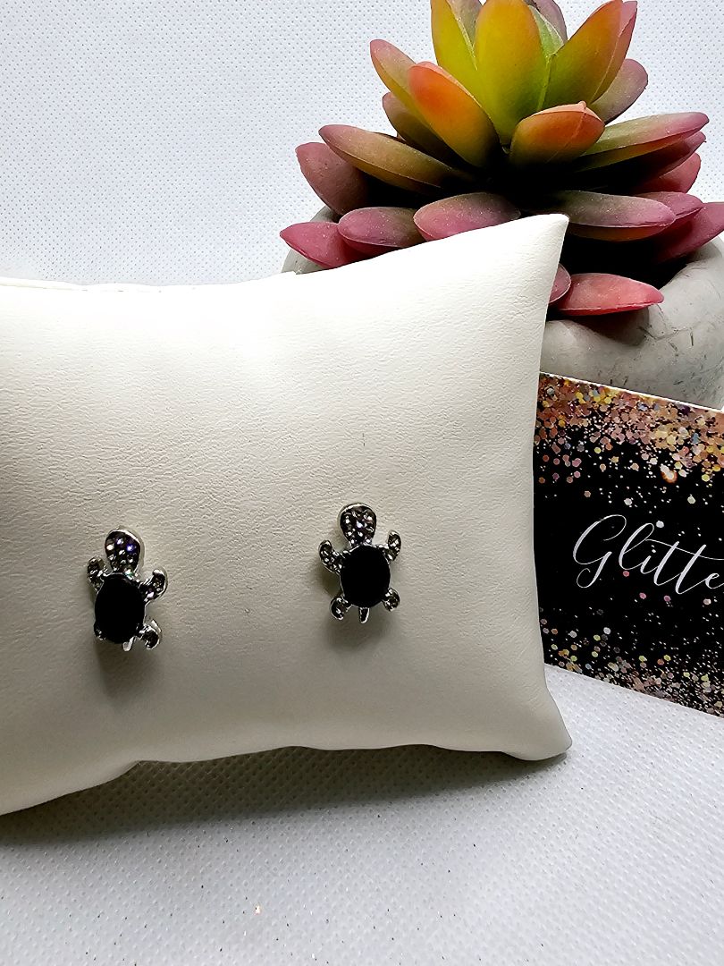 Black and silver Glitter N Glam 2516 Black Gem Sea Turtle Stud Earrings