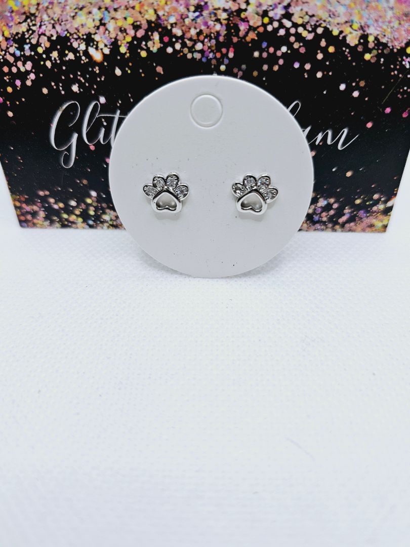 Silver Glitter N Glam 2202 Paw Stud Earrings with CZ Bling