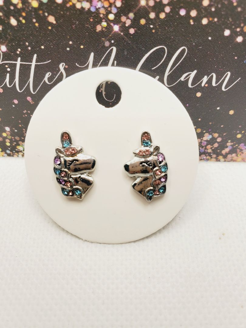 Silver Glitter N Glam 1663 Unicorn Stud Earrings