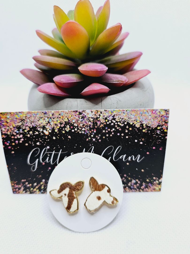 Gold Glitter N Glam 2219 Brown Hair On Cow Stud Earrings
