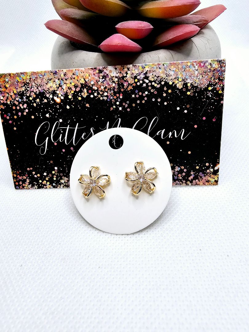 Gold Glitter N Glam 2421 Gold Flower Stud Earrings with Bling