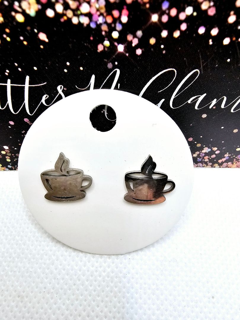 Silver Glitter N Glam 2418 Silver Coffee Cup Stud Earrings