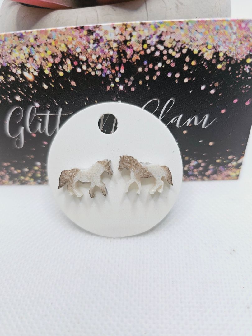 Sparkly Brown and White Glitter N Glam 1756 Brown/White Sparkly Resin Painted Horse Stud Earrings