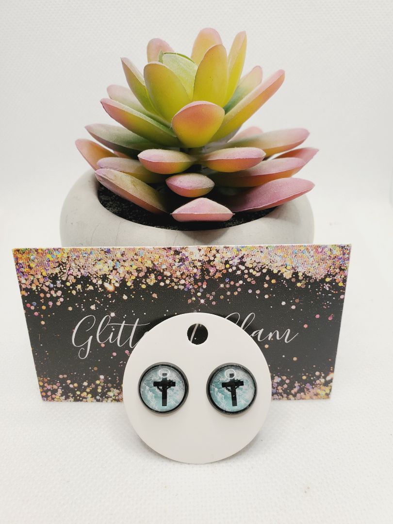 Multicolored Glitter N Glam 1678 Teal and Black Cross Stud Earrings