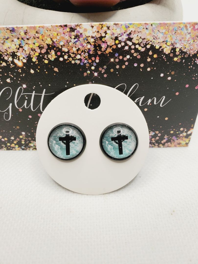 Multicolored Glitter N Glam 1678 Teal and Black Cross Stud Earrings