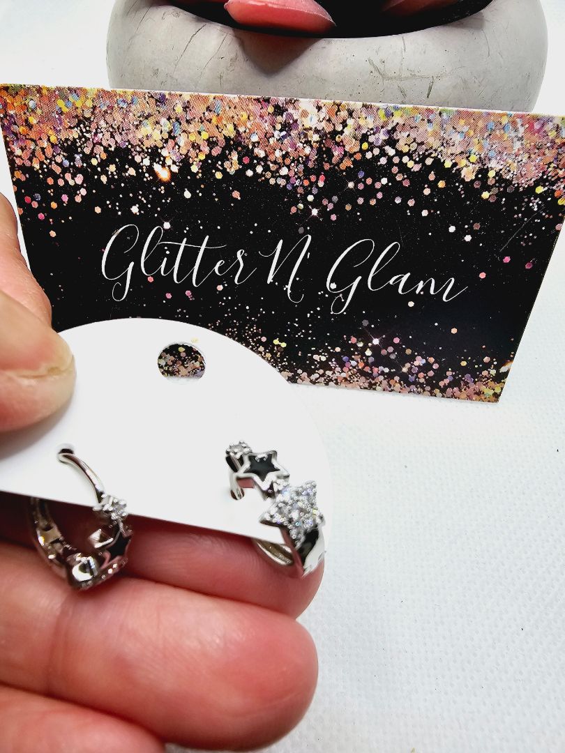 Black and Silver Glitter N Glam 2398 Silver Star Huggie Hoops