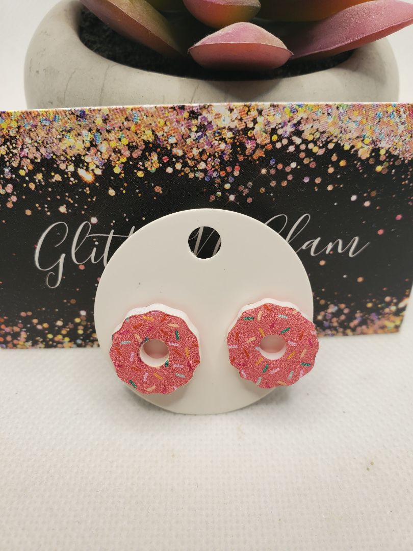 Multicolored Glitter N Glam 1674 Acrylic Pink Donut Stud Earrings