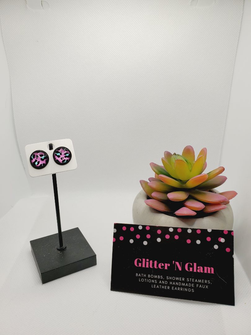 Pink/teal Glitter N Glam 749 Pink cheetah Stud Earrings