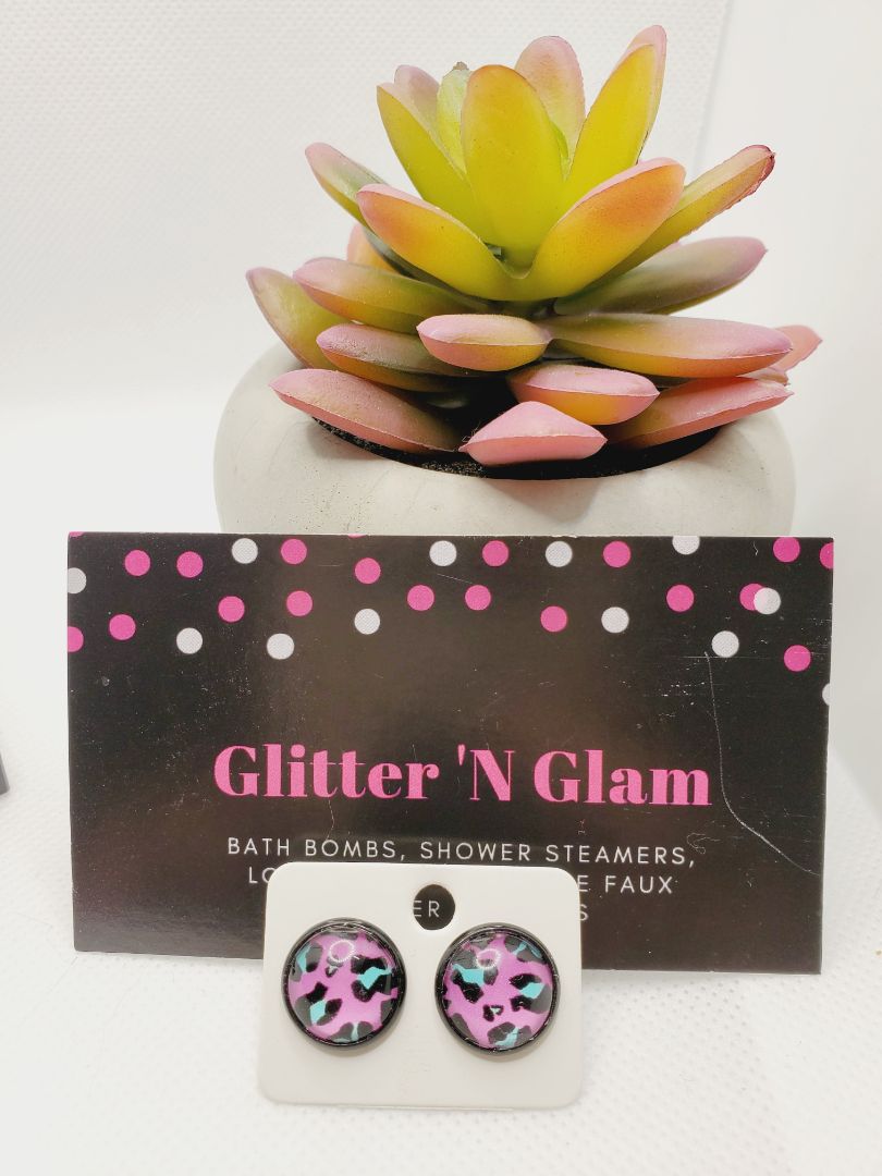 Pink/teal Glitter N Glam 749 Pink cheetah Stud Earrings