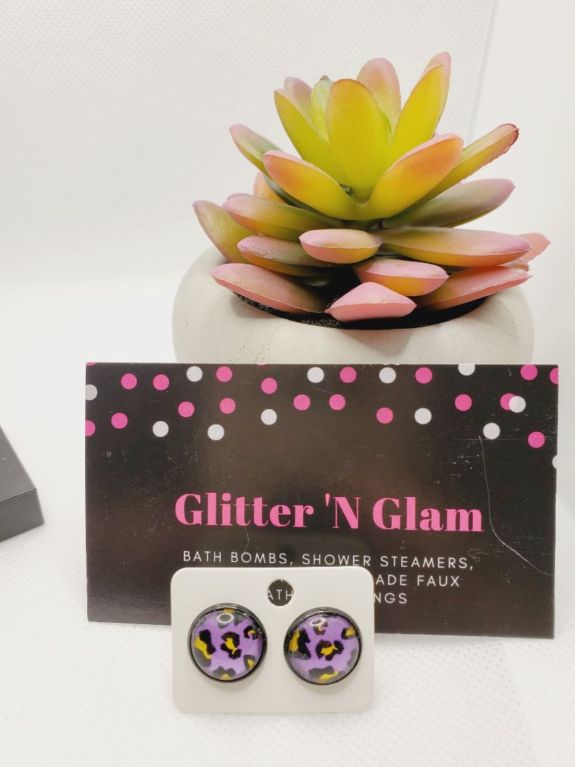 Purple/yellow Glitter N Glam 750 Purple Cheetah Stud Earrings