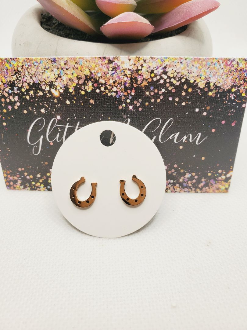 Rosegold Glitter N Glam 1666 Rose Gold Horseshoes Stud Earrings
