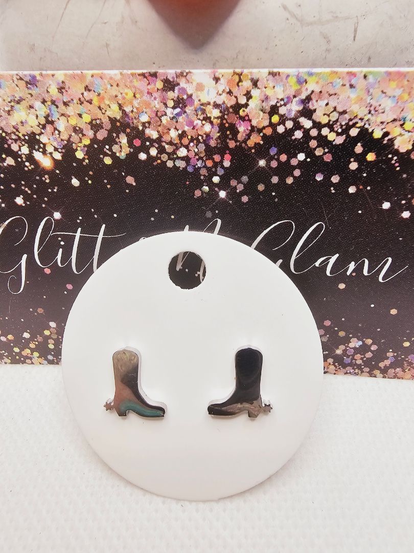 Silver Glitter N Glam 2293 Silver Cowboy Boots Stud Earrings