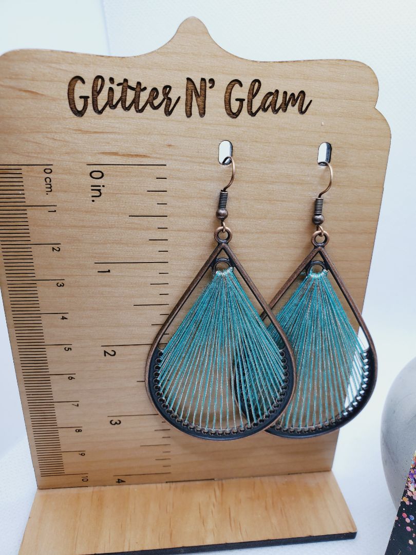 Teal Glitter N Glam 1636 Teal String Teardroo Dangle Earrings