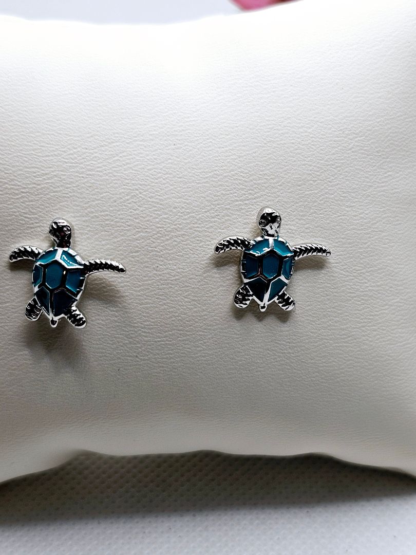 Silver and Teal Glitter n Glam 2517 Teal Sea Turtle Stud Earrings