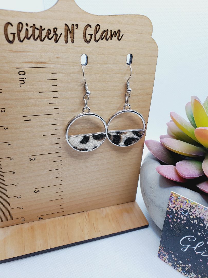 Silver and Animal Print Glitter N Glam 1440 Leopord Hair On Leather Half Circle Dangle Earrings