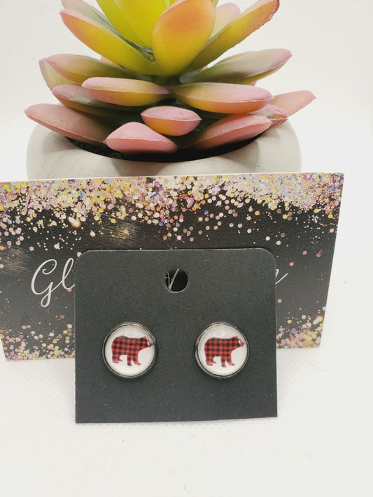 Black and Red Glitter n Glam 1062 Buffalo Plaid Bear Stud Earrings