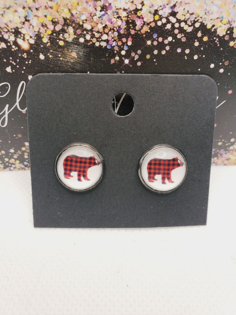 Black and Red Glitter n Glam 1062 Buffalo Plaid Bear Stud Earrings