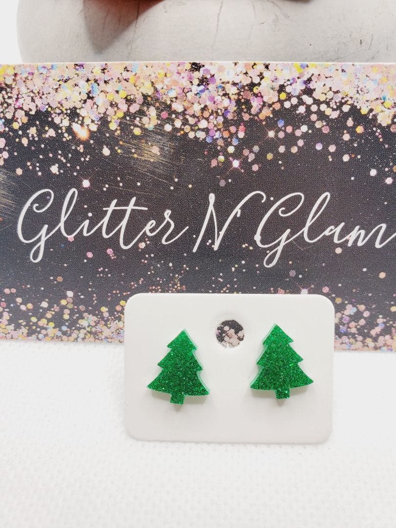 Glitter N Glam 1094 Green Sparkly Christmas Tree Stud Earrings
