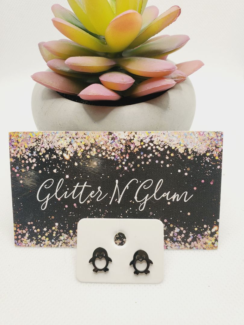 Glitter N Glam 1070 Black Penquin Stud Earrings