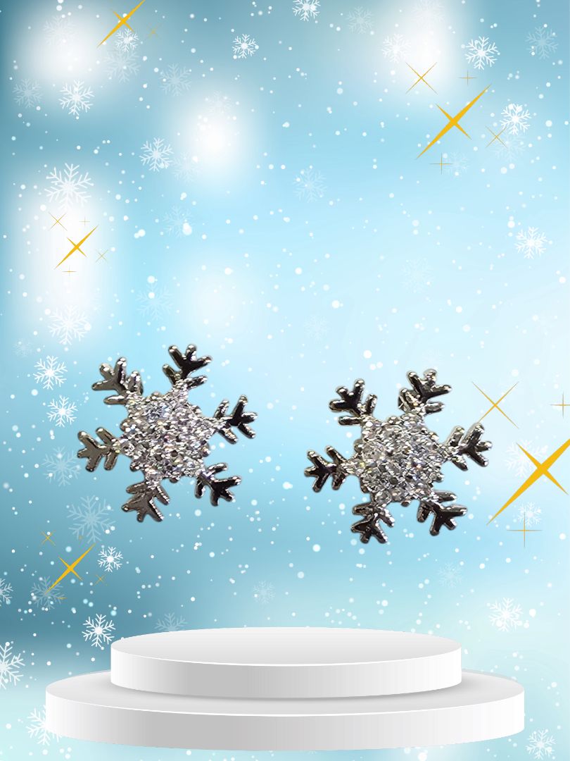 Glitter N Glam 2511 Silver SnowFlake Stud Earrings with Bling