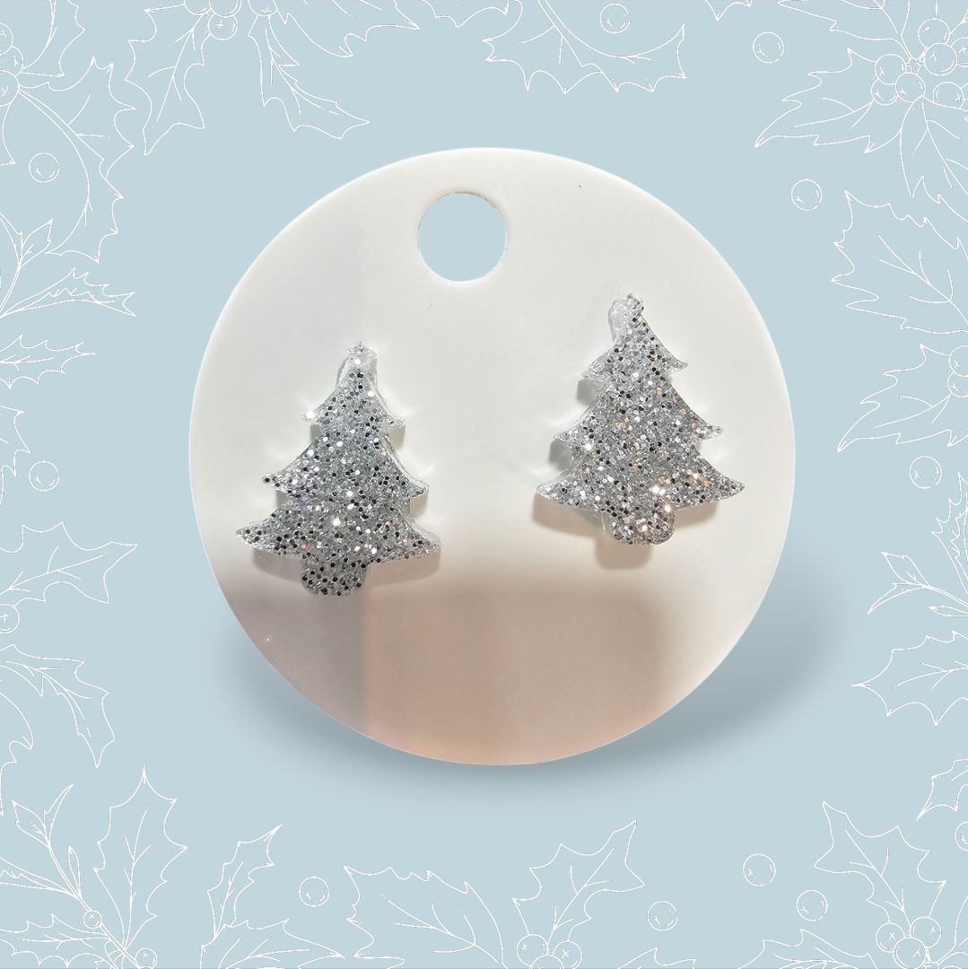 Glitter N Glam 2514 Silver Sparkly Resin Christmas Tree Stud Earrings