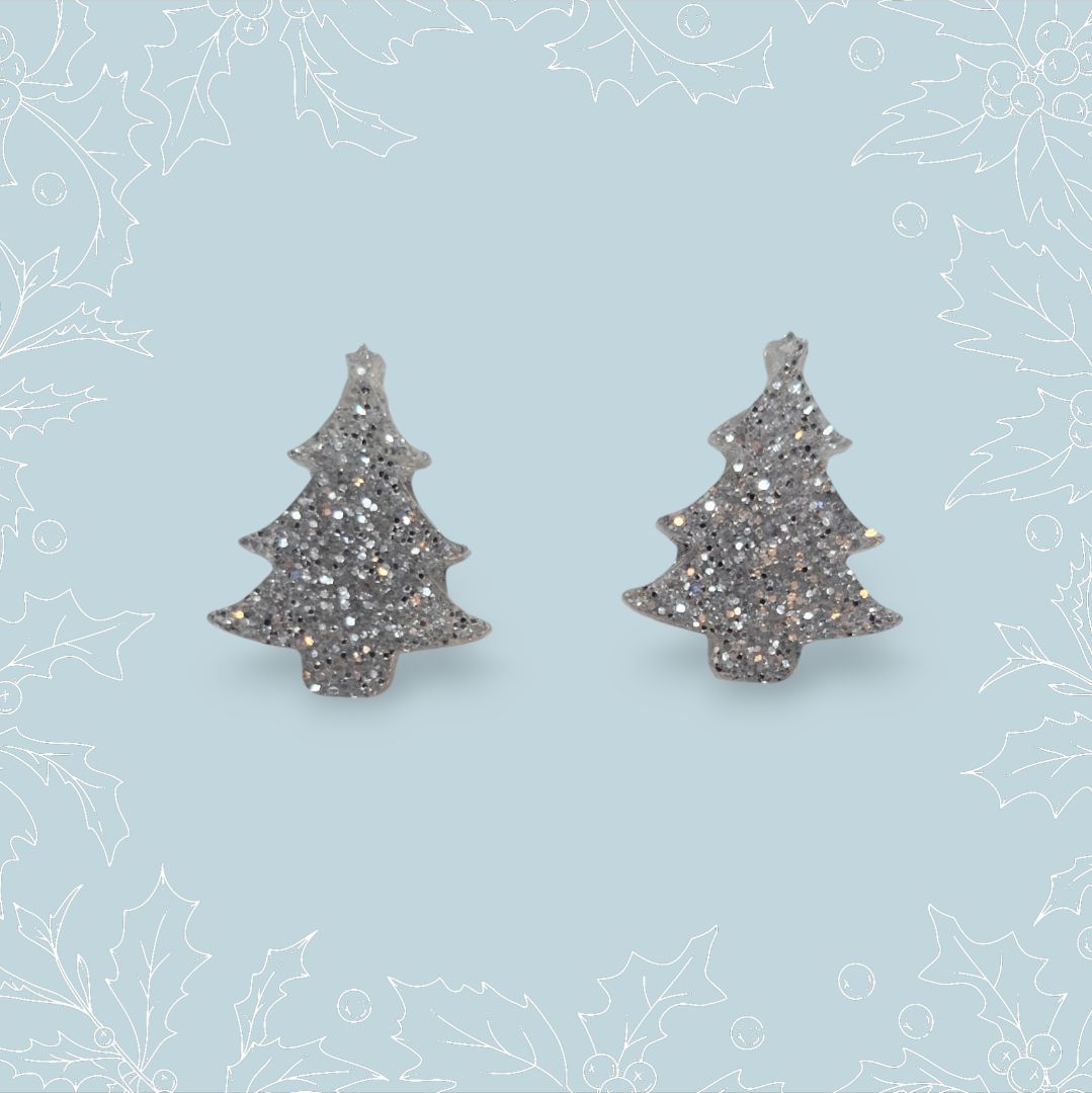 Glitter N Glam 2514 Silver Sparkly Resin Christmas Tree Stud Earrings