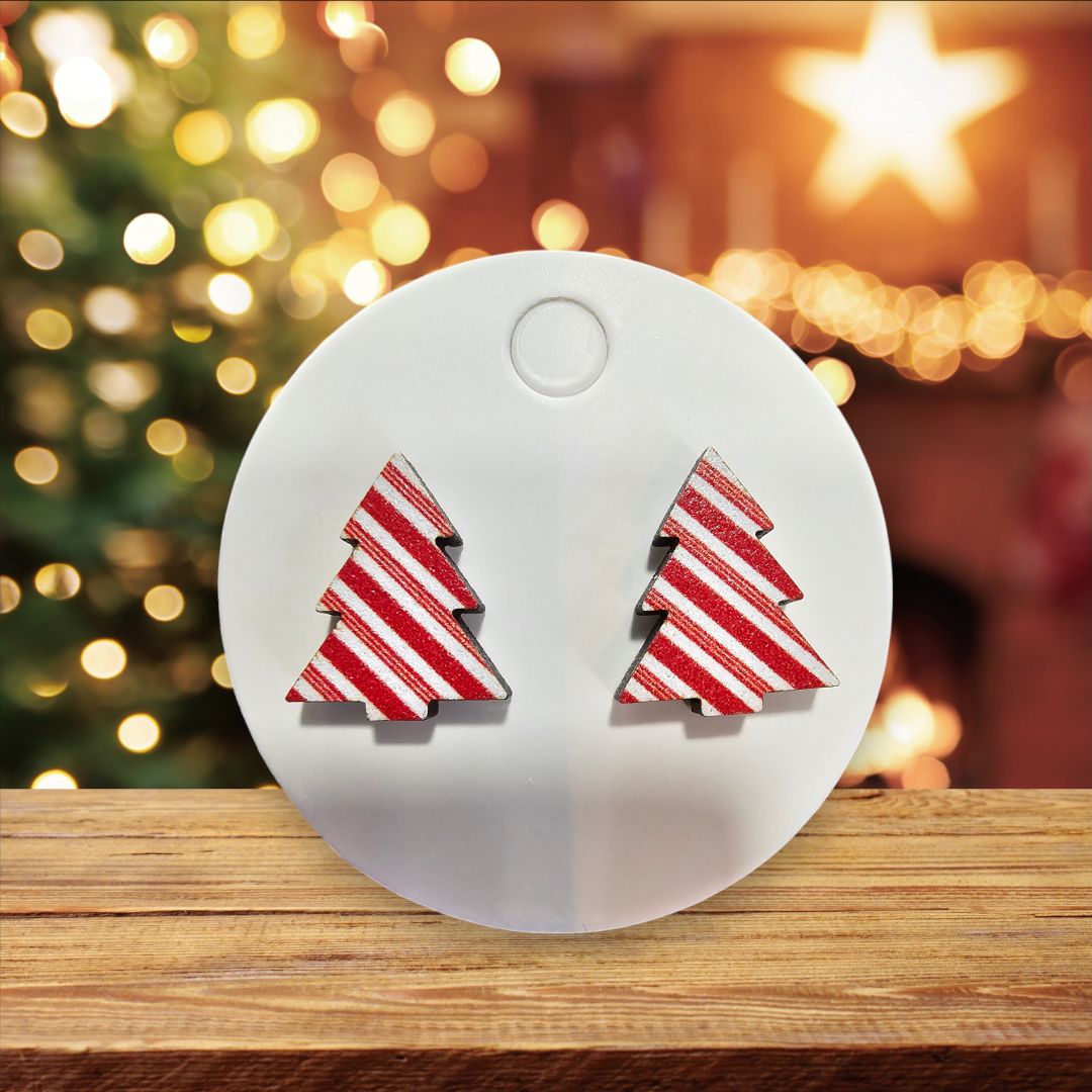 Glitter N Glam 2513 Red and White Stiped wood Christmas Tree Stud Earrings