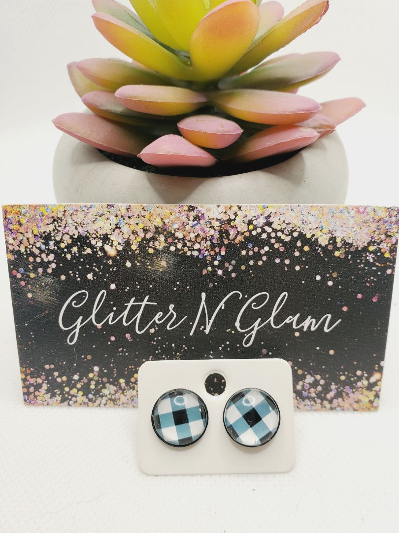 Glitter N Glam 1063 Black n White Buffalo Check Stud Earrings