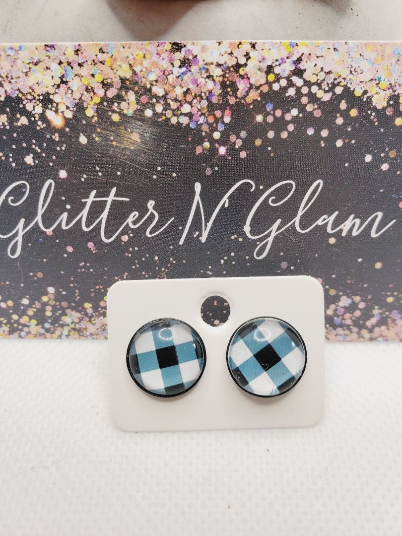 Glitter N Glam 1063 Black n White Buffalo Check Stud Earrings