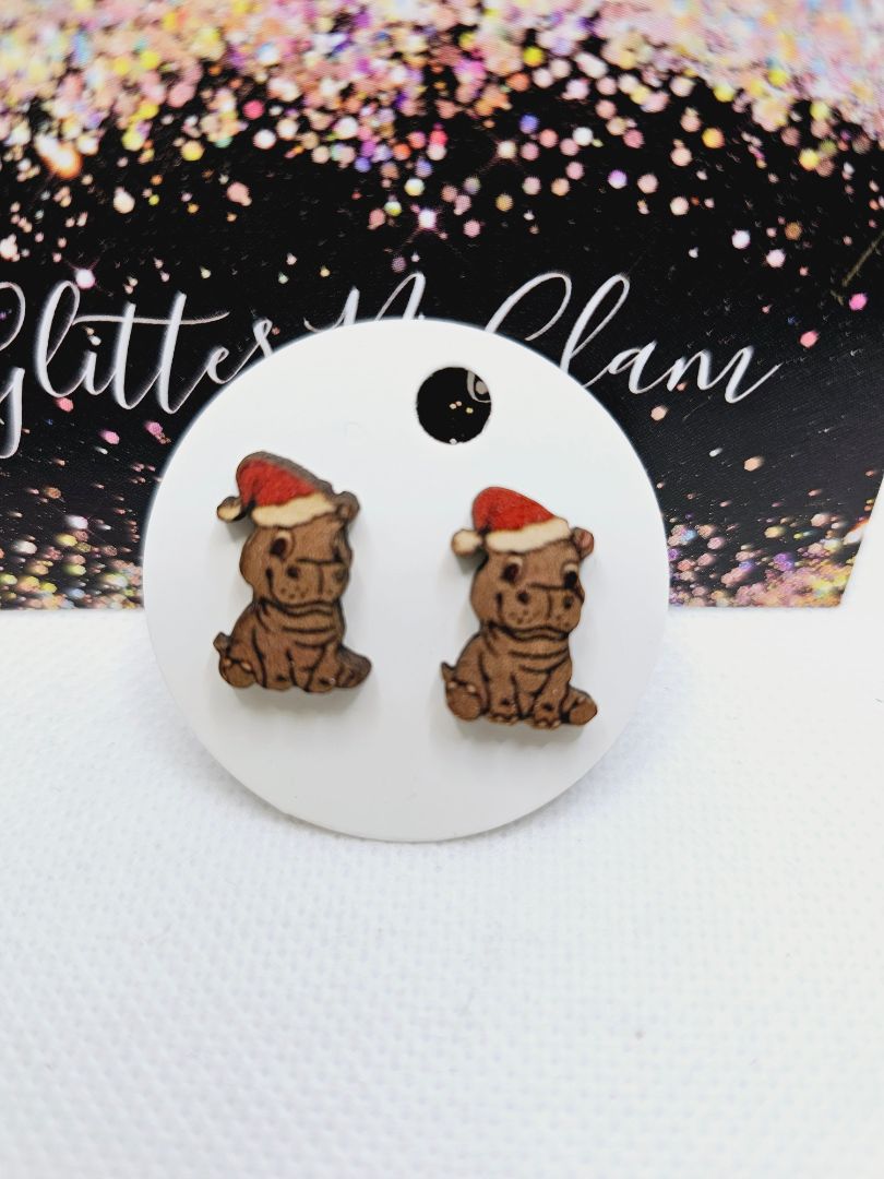 Glitter N Glam 1974 Wooden Hippo Stud Earrings with Santa Hats