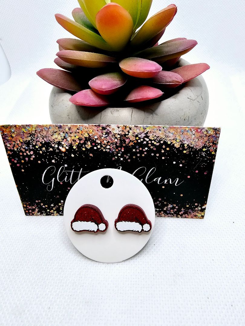 Glitter N Glam 2501 Red Sparkly Santa Hats Stud Earrings