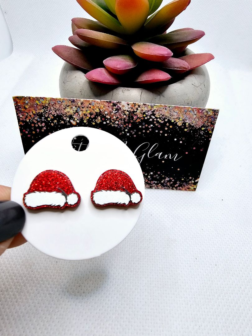 Glitter N Glam 2501 Red Sparkly Santa Hats Stud Earrings