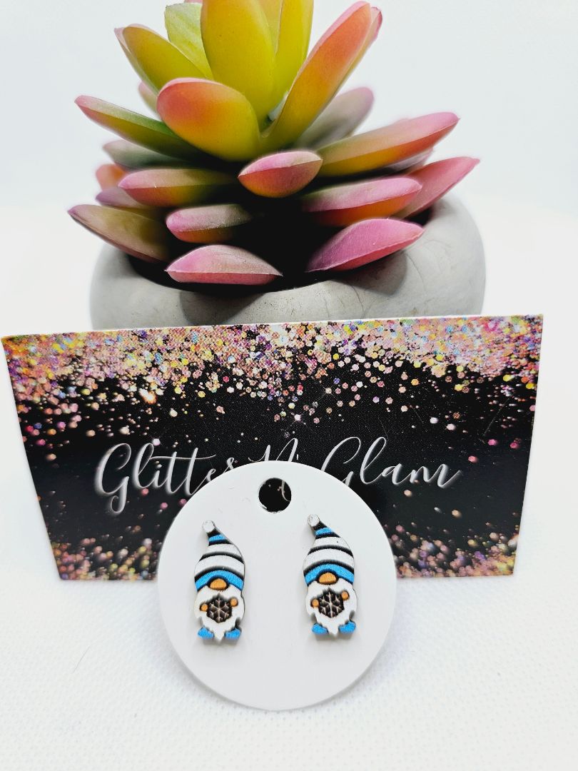 Glitter N Glam 2023 Wood Gnome with Snowflake Stud Earrings
