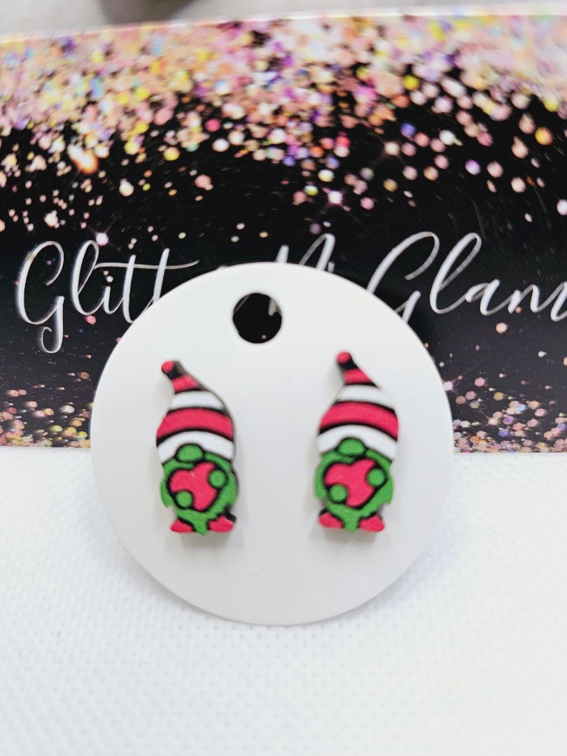 Glitter N Glam 2024 Wood Gnome with Heart Stud Earrings