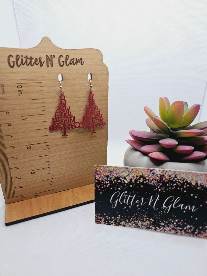 Glitter N Glam 1998 "We Wish You A Merry Christmas" Red Tree Dangle Earrings