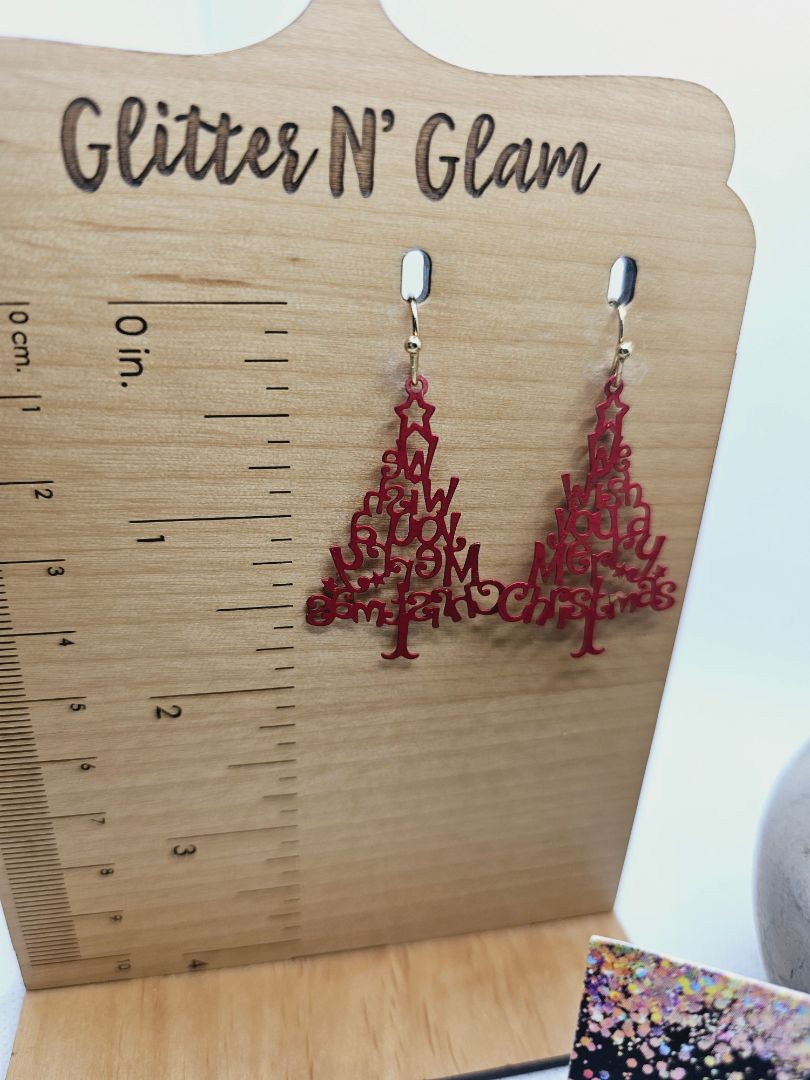 Glitter N Glam 1998 "We Wish You A Merry Christmas" Red Tree Dangle Earrings