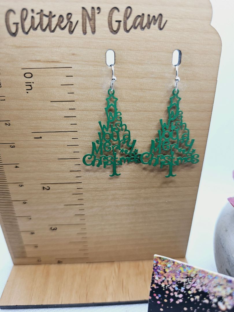 Glitter N Glam 1999 "We Wish You A Merry Christmas" Green Tree Dangle Earrings