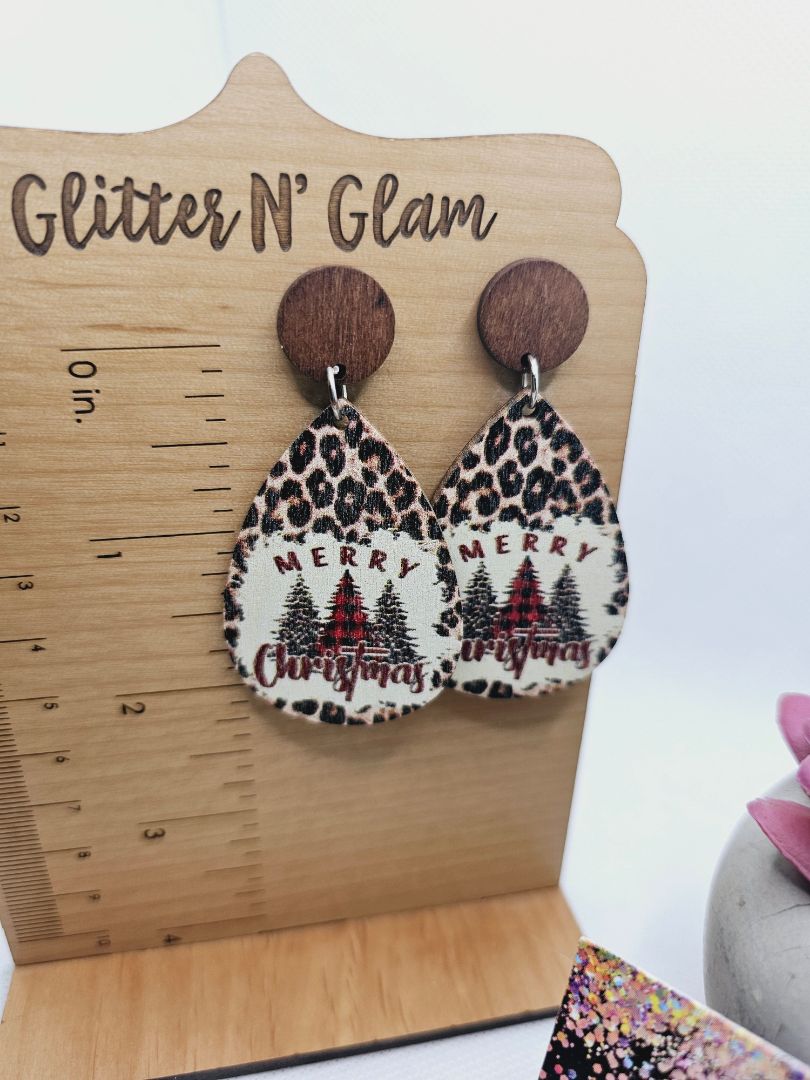 Glitter N Glam 1992 Wood Leopord Print Christmas Dangle Earrings