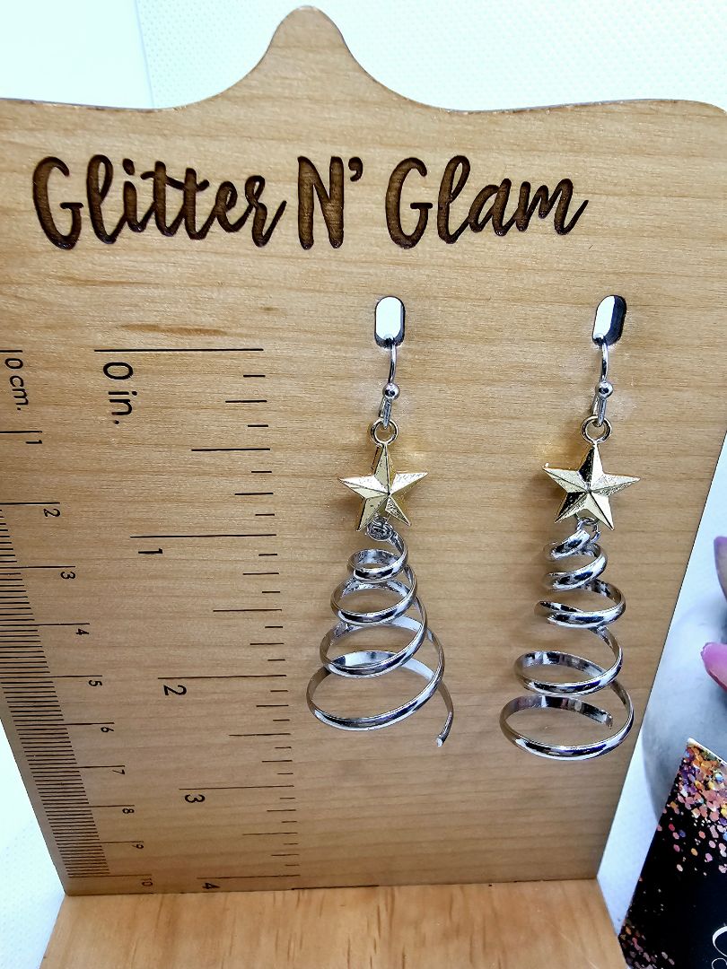 Glitter N Glam 2428 Gold/Silver Twisted X-mas Tree Dangle Earrings