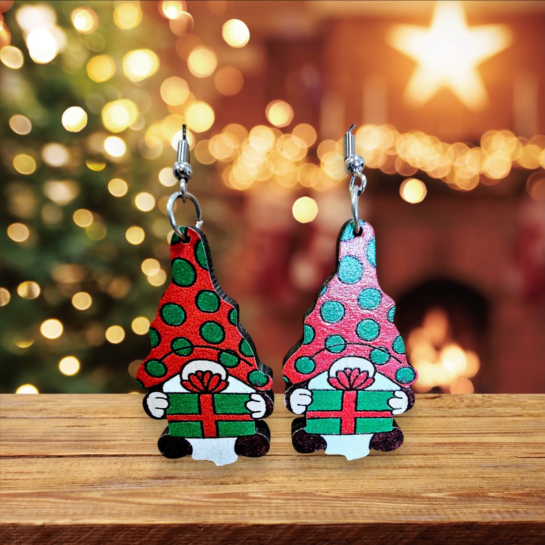 Glitter N Glam 2509 Wooden Noem Dangle Earrings Holding a Present