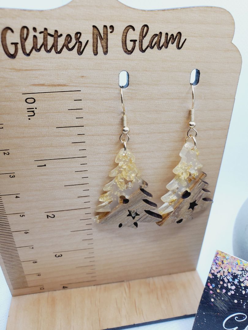 Glitter N Glam 1548 Acrylic and Wood with Gold Sparkles Christmas Tree Dangle Earrings